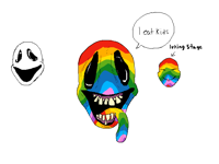 he lures kids with his rainbow face into a cave