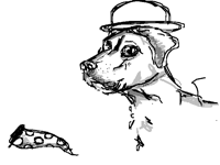 A dog with a hat that eats pizza