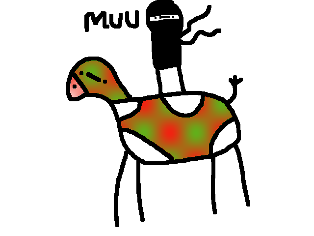A ninja riding a cow and saying muu yo