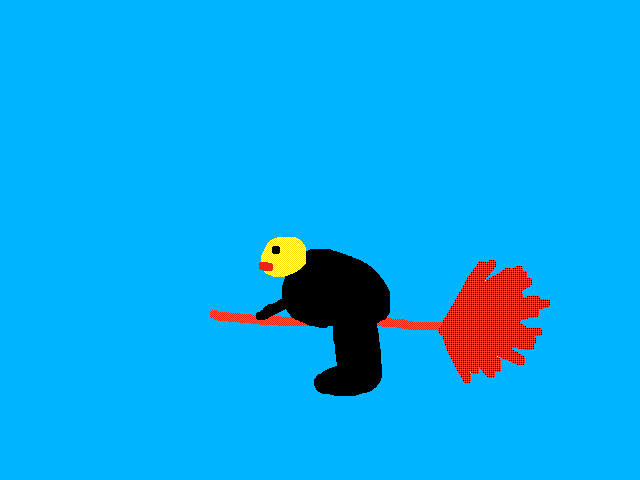 Fat guy flying a broom